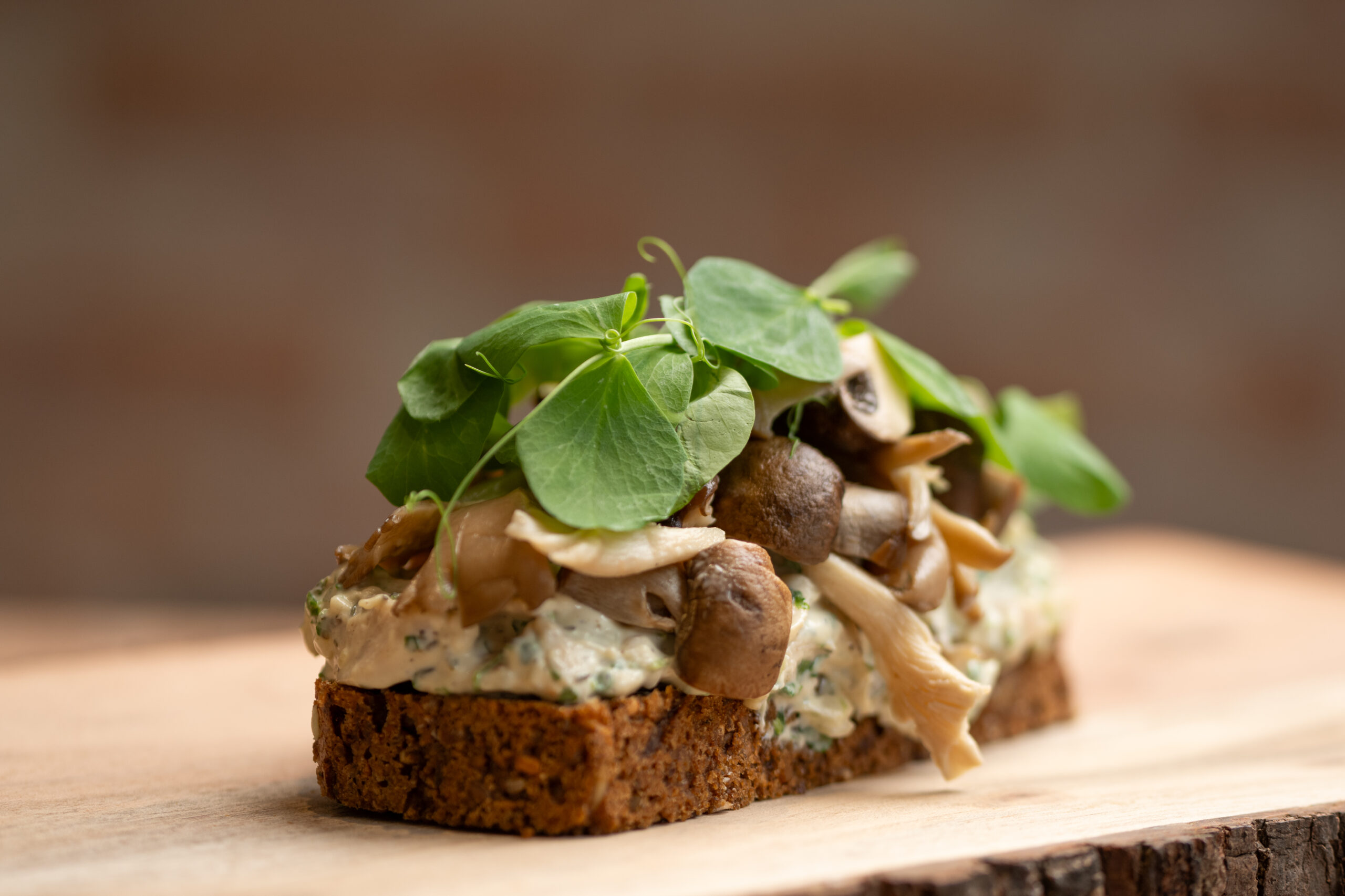 Vegetarisk smørrebrød med svampe og ærteskud på ristet brød.